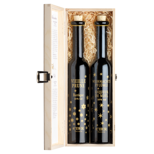 Weihnachtspflümli Etter mit 2 Flaschen in Holzkiste
Pflaume, Zimt, Nelken, Koriander